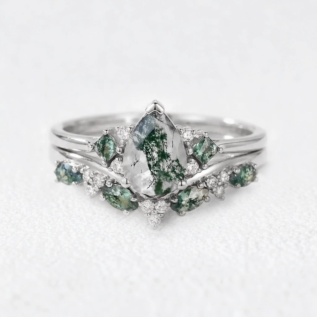 Sylvie’s Vine | Pear Cut Moss Agate Engagement Ring Set 2pcs.