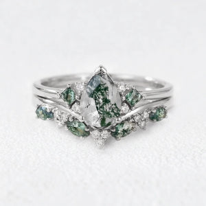 Sylvie’s Vine | Pear Cut Moss Agate Engagement Ring Set 2pcs
