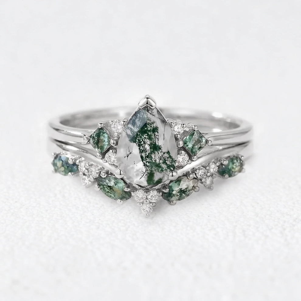 Sylvie’s Vine | Pear Cut Moss Agate Engagement Ring Set 2pcs.