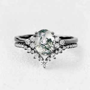 Classic 2.0ct Moss Agate Oval Ring Set 2pcs.