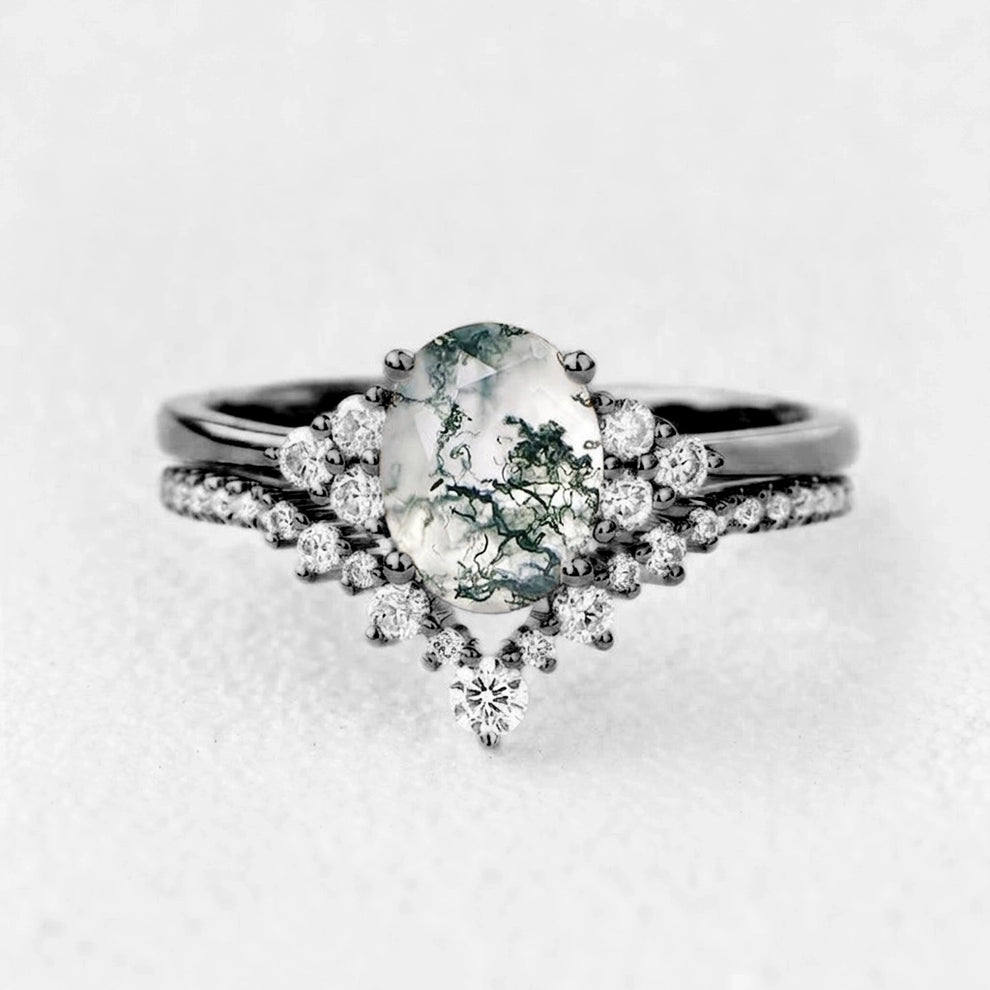 Classic 2.0ct Moss Agate Oval Ring Set 2pcs.