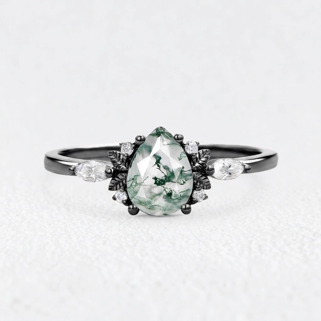 Elara’s Whisper | Pear Moss Agate Foliage Engagement Ring