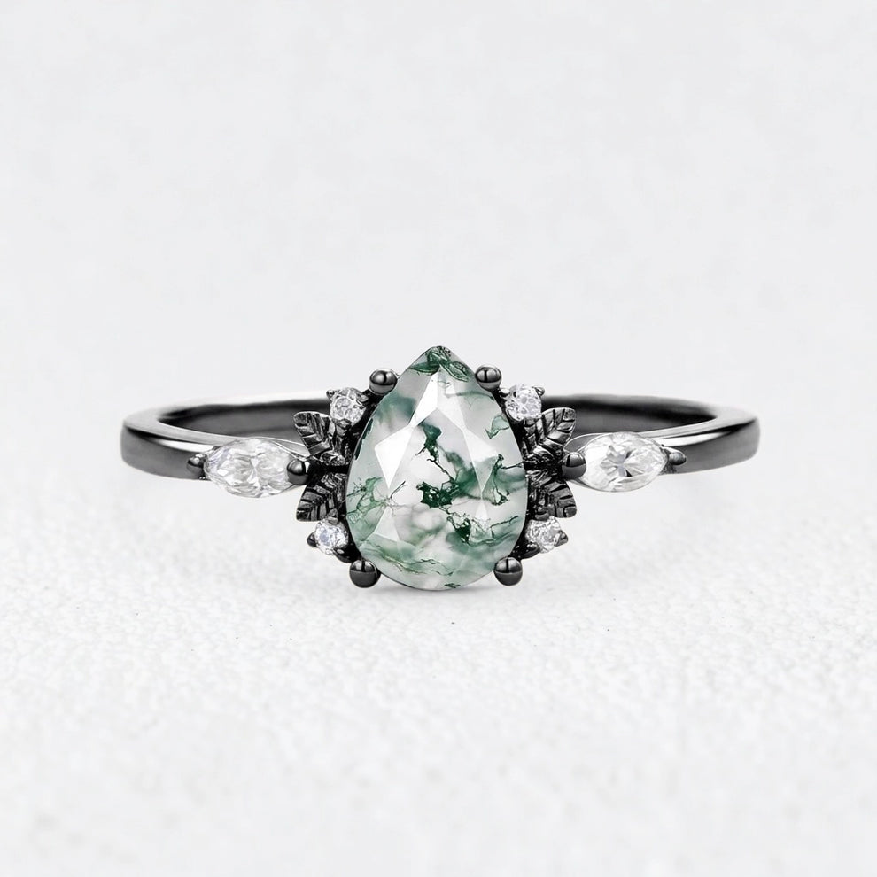 Elara’s Whisper | Pear Moss Agate Foliage Engagement Ring