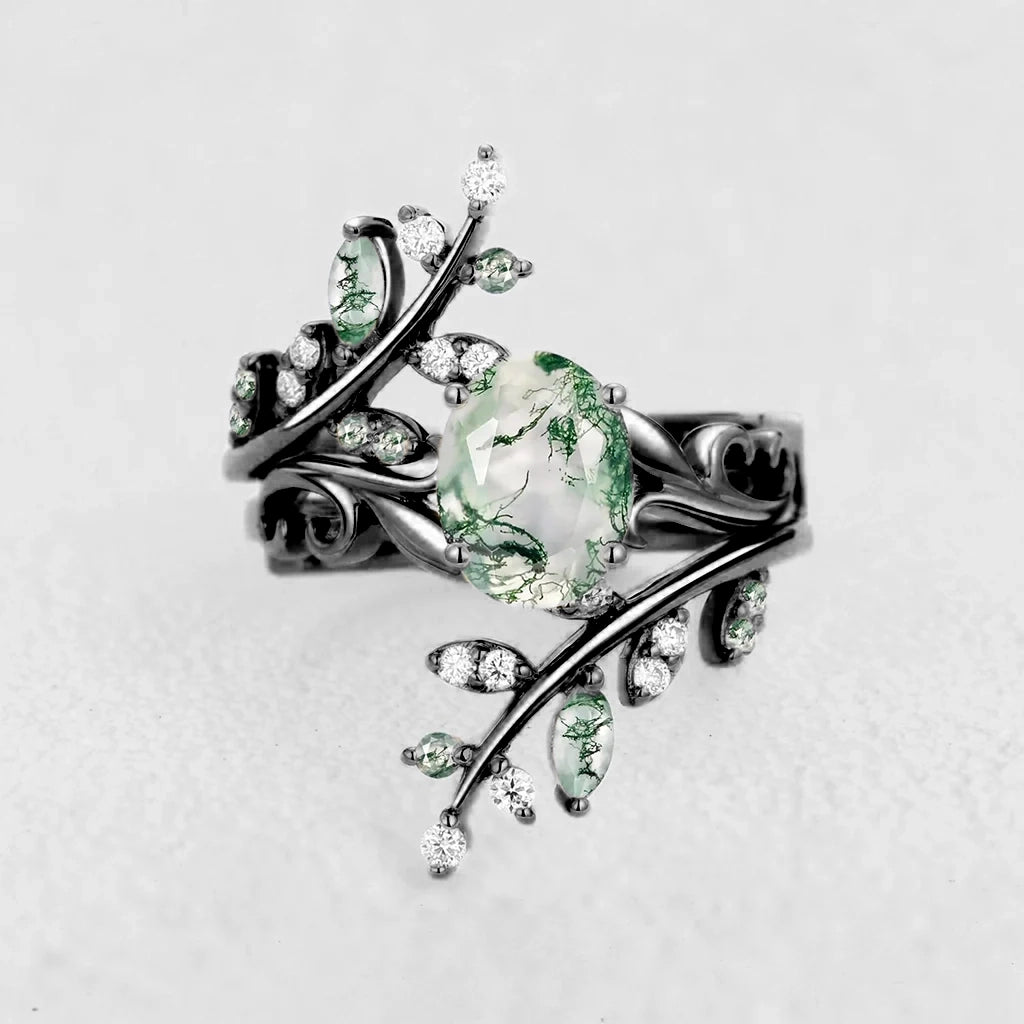 Daphne’s Canopy | Oval Cut Green Moss Agate Cluster Couple Ring Set.