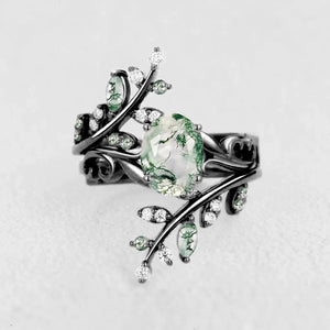 Daphne’s Canopy | Oval Cut Green Moss Agate Cluster Couple Ring Set.