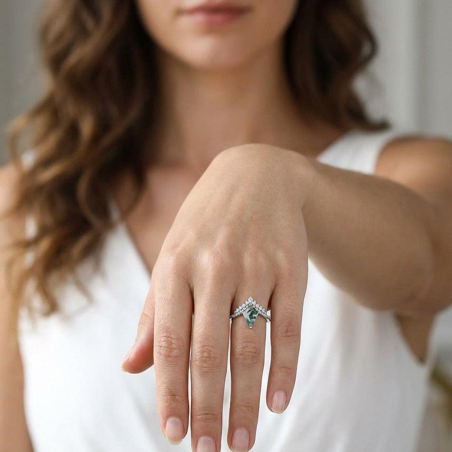 Celestine’s Chevron | Kite Cut Moss Agate Cluster Engagement Ring with V‑Shaped Diamond Band.