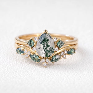 Sylvie’s Confluence | Pear Moss Agate Bridal Set & Full-Bezel Moss Agate & Diamond Band Couple Ring Set 3pcs