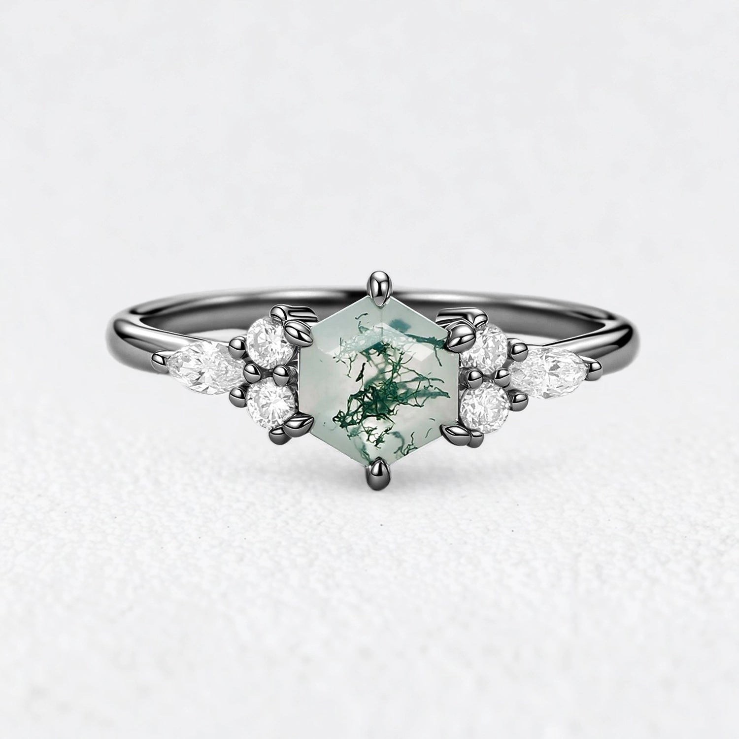Hazel‘s Glade | Hexagon Moss Agate Cluster Engagement Ring