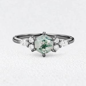Hazel‘s Glade | Hexagon Moss Agate Cluster Engagement Ring