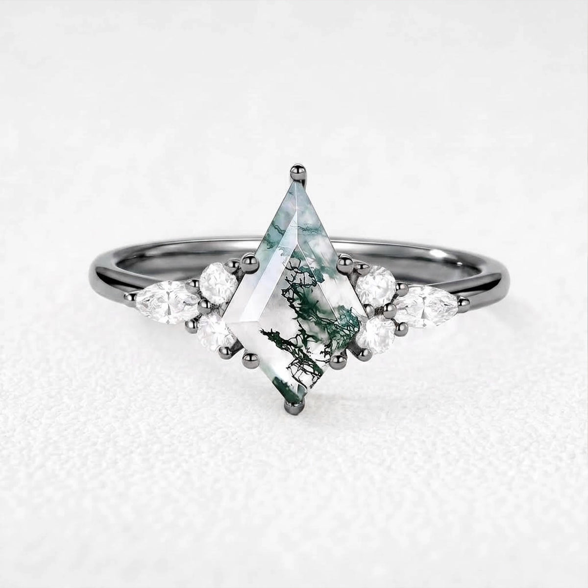 Sylvie’s Glade | Kite Cut Moss Agate Three-Stone Engagement Ring
