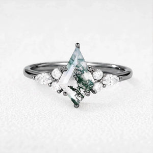 Sylvie’s Glade | Kite Cut Moss Agate Three-Stone Engagement Ring
