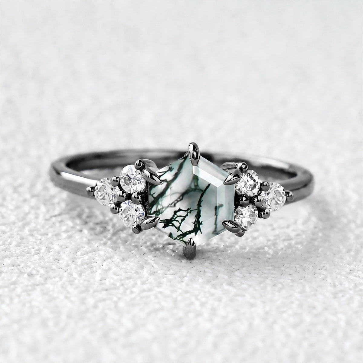 Sylvie’s Hexagon | Moss Agate Three Stone Cluster Engagement Ring.