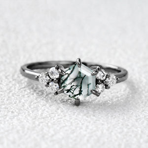 Sylvie’s Hexagon | Moss Agate Three Stone Cluster Engagement Ring.