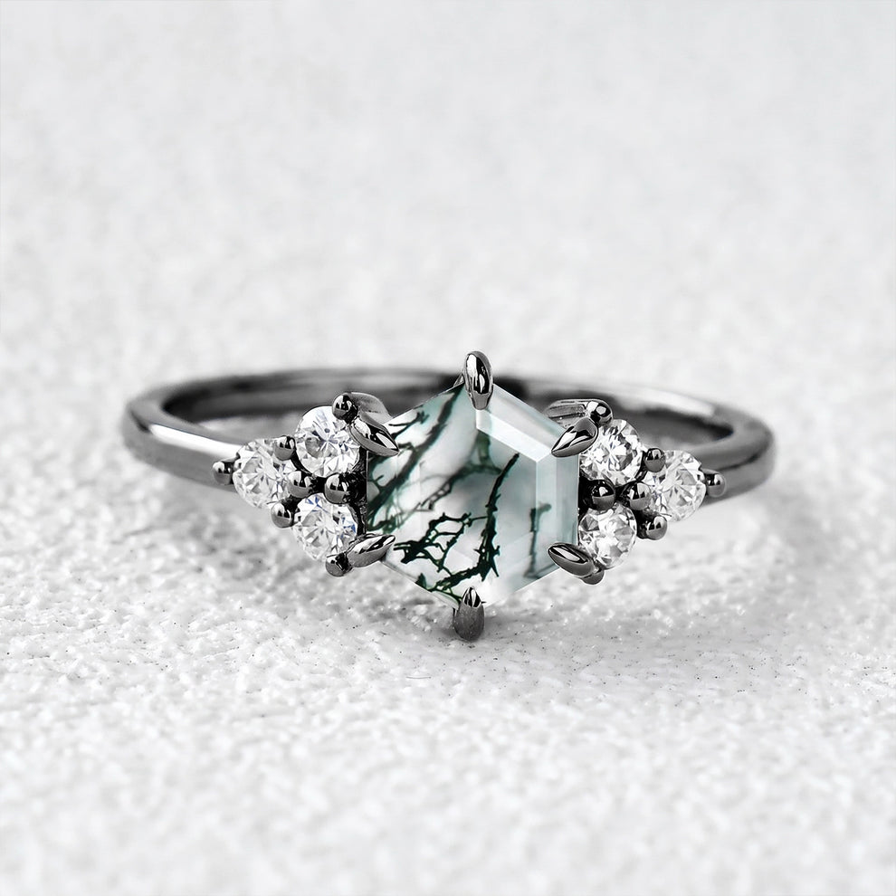 Sylvie’s Hexagon | Moss Agate Three Stone Cluster Engagement Ring.