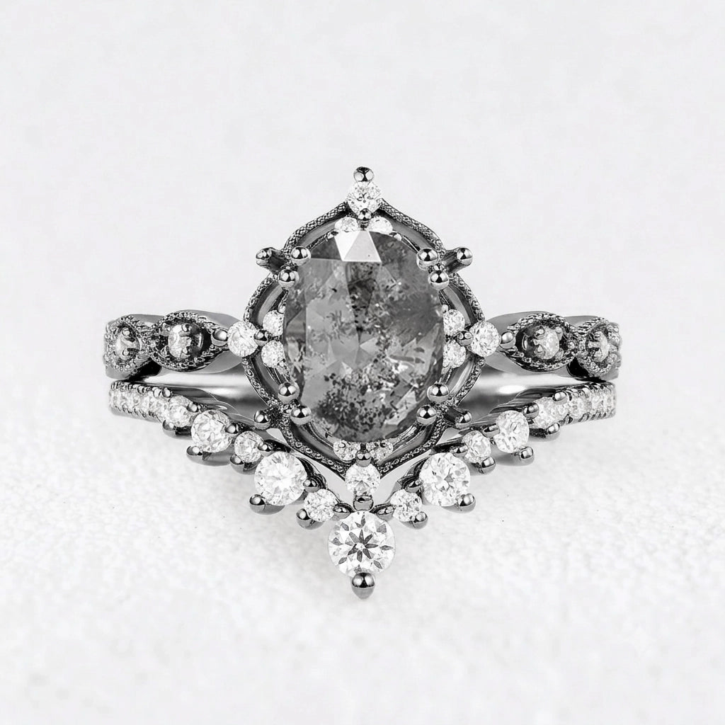 Charlotte’s Grace | 1.5CT Oval Salt & Pepper Diamond Vintage Bridal Set 2pcs