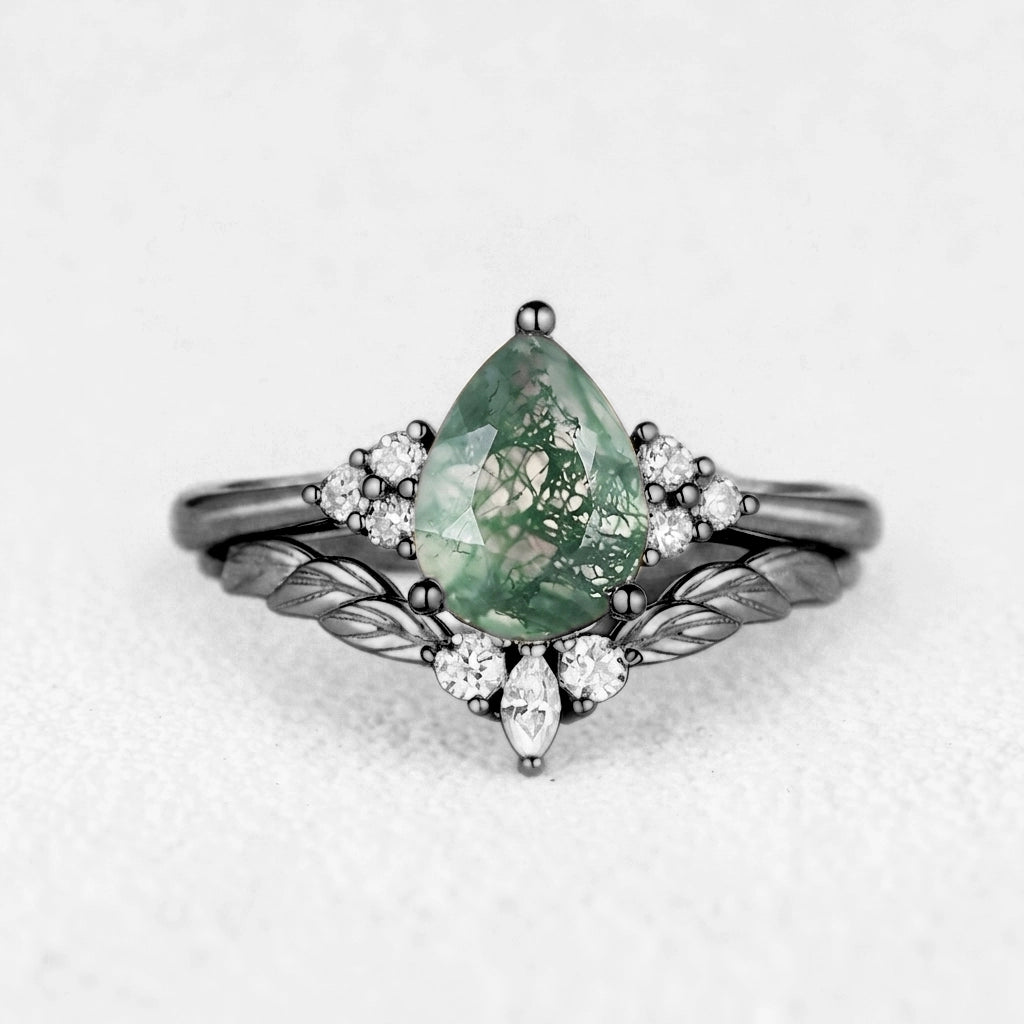 Mirabel’s Idyll | Unique Moss Agate Leaf Engagement Ring Set 2pcs.