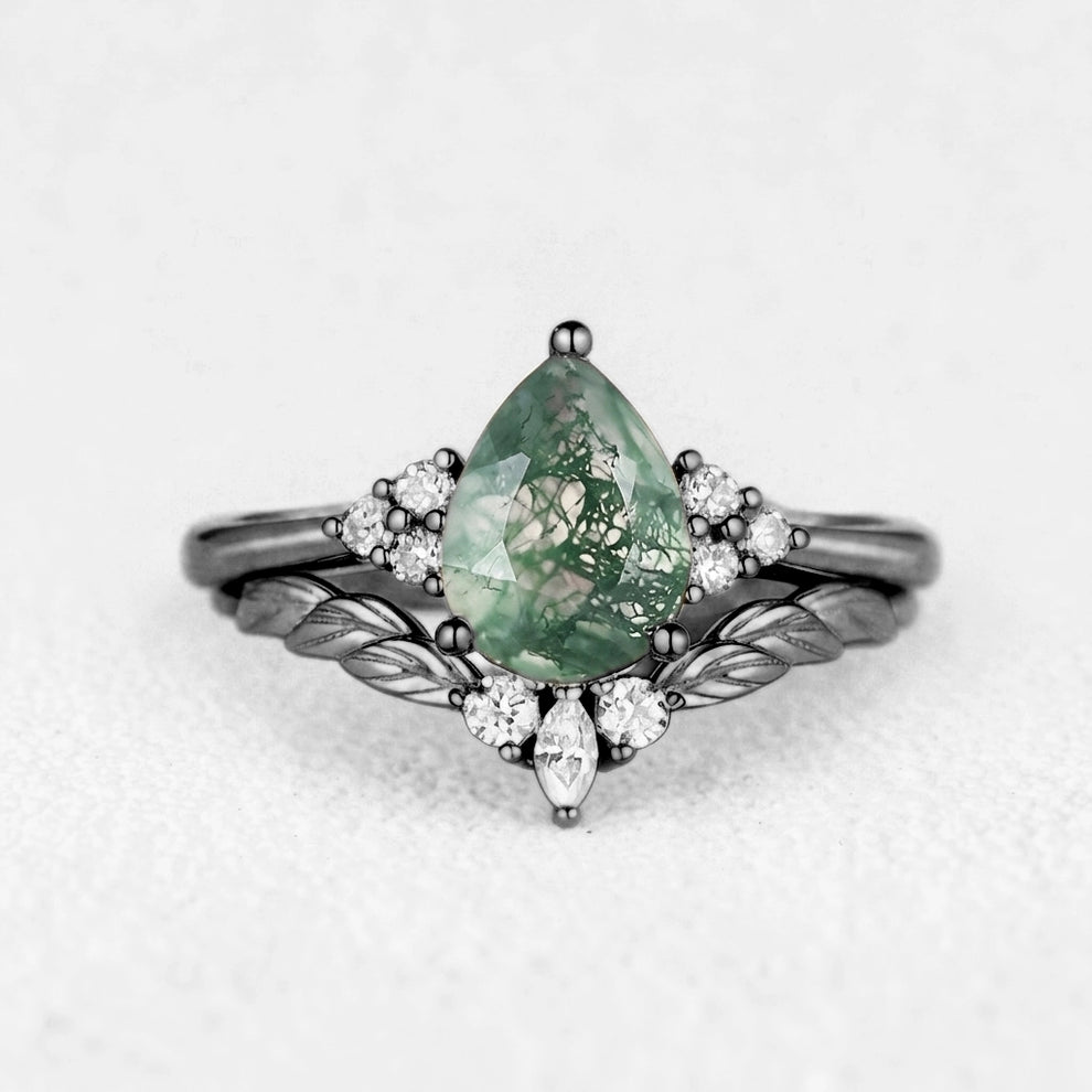 Mirabel’s Idyll | Unique Moss Agate Leaf Engagement Ring Set 2pcs.