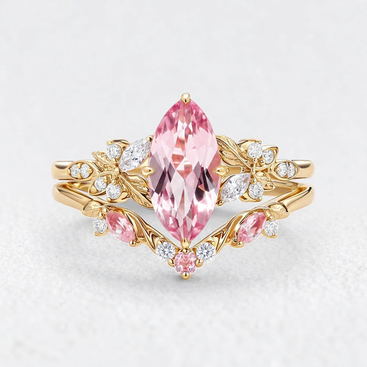 Peony's Bloom | Marquise Pink Sapphire Bridal Set 2pcs