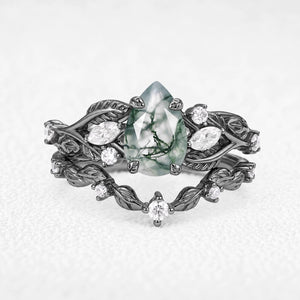 Rosalind’s Heirloom | Pear Cut Moss Agate Leafy Vintage Bridal Set 2pcs