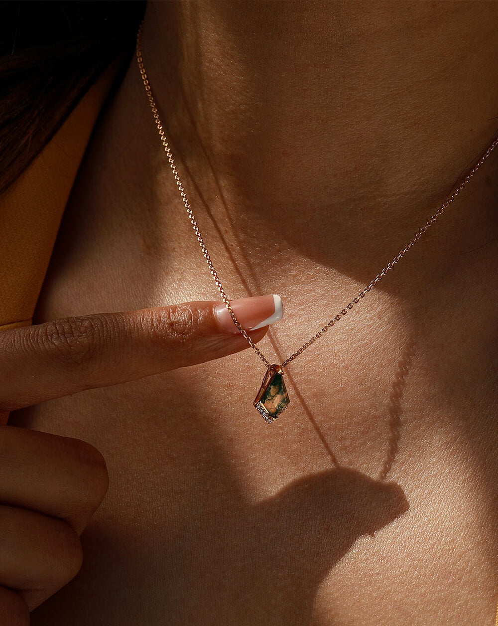 Rhombus Natural Moss Agate Gold Pendant Necklace