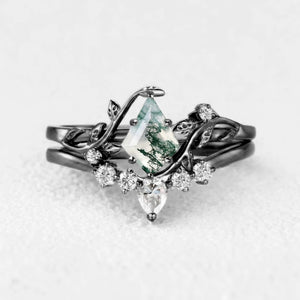 Kite Glade | Moss Agate Leafy Bridal Ring Set 2pcs