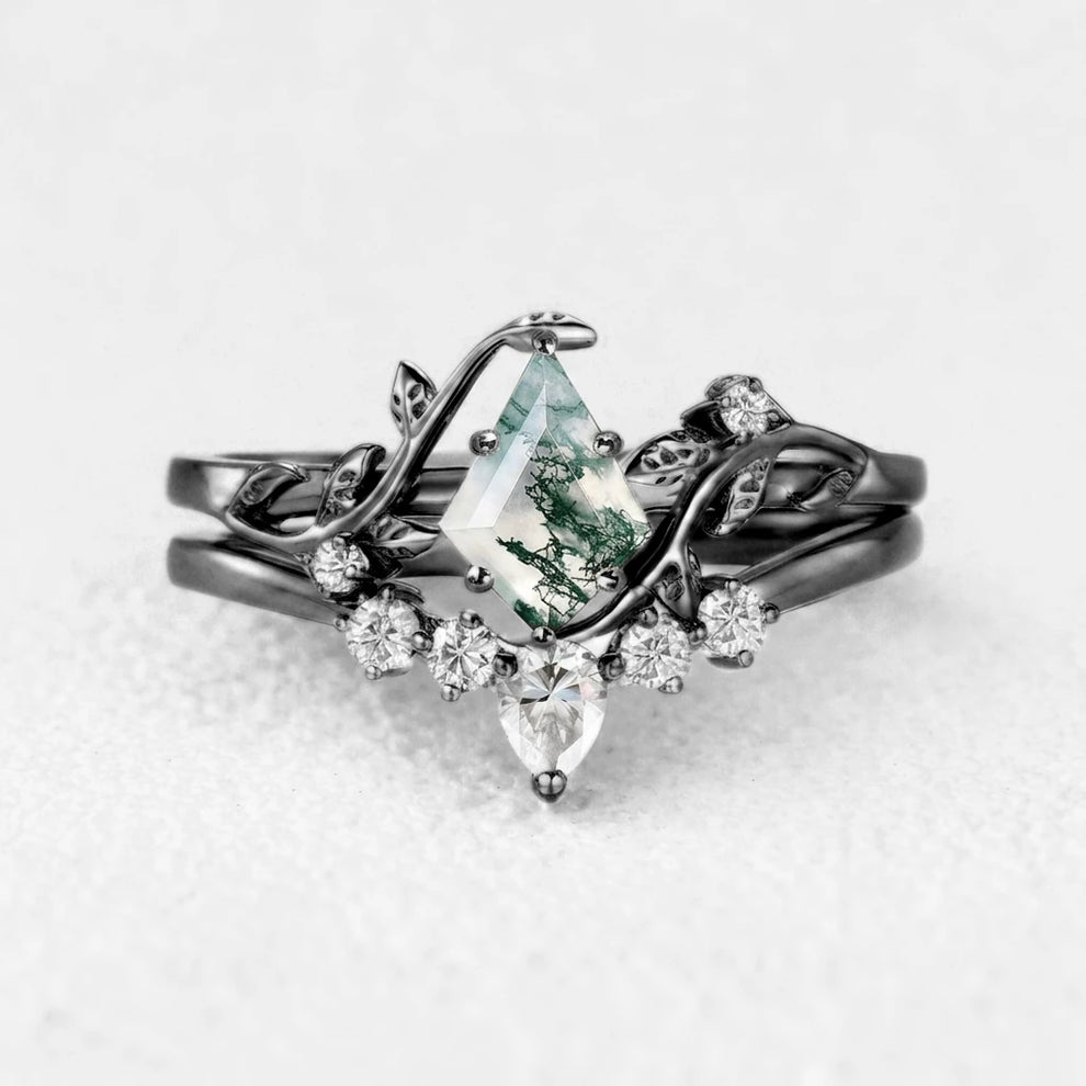 Kite Glade | Moss Agate Leafy Bridal Ring Set 2pcs