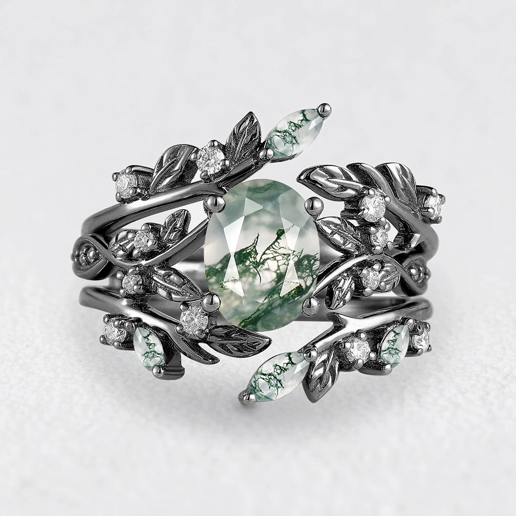 Sylvie’s Bower | Oval Cut Moss Agate Leafy Bridal Set 2pcs.