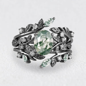 Sylvie’s Bower | Oval Cut Moss Agate Leafy Bridal Set 2pcs.