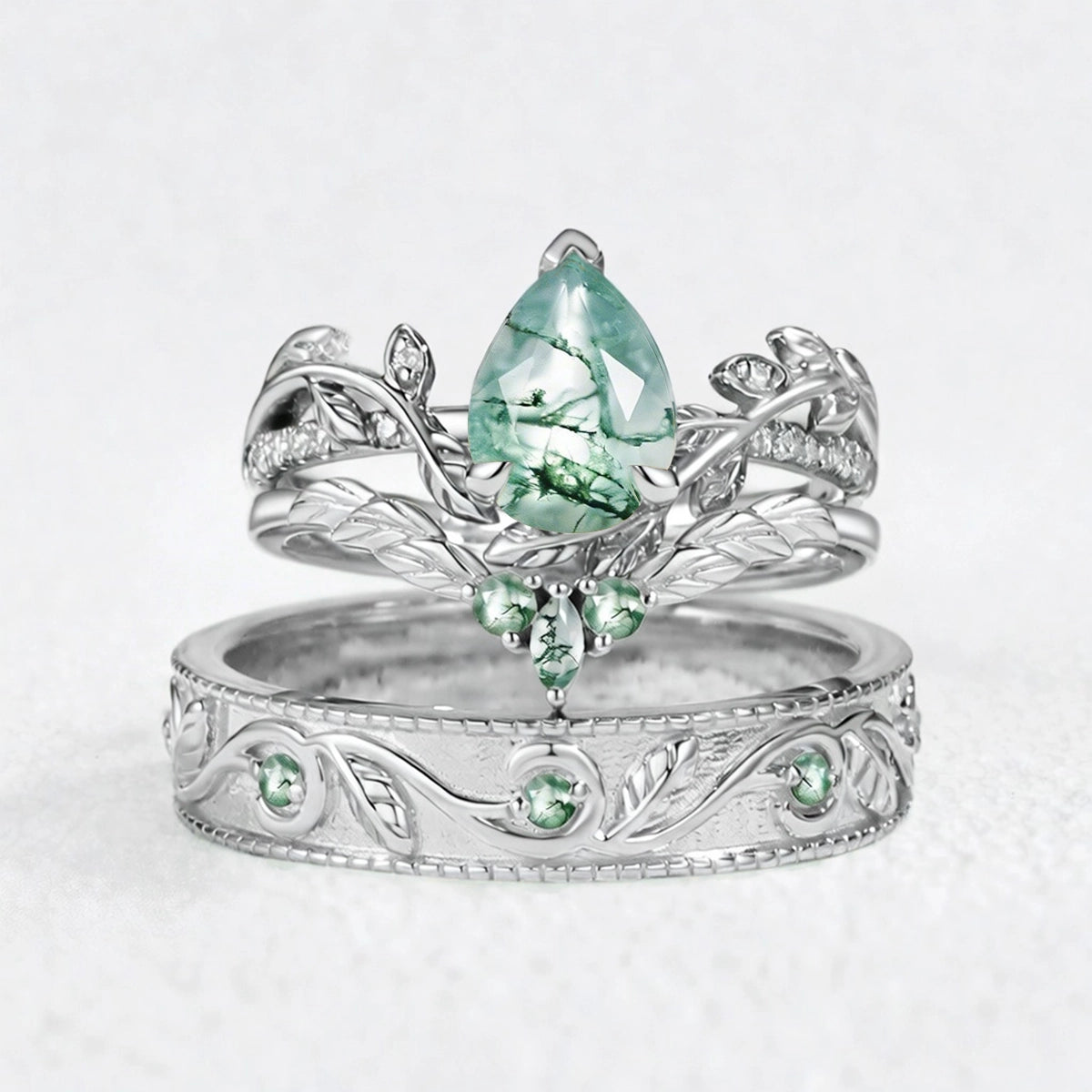 Juniper’s Copse | Pear Cut Moss Agate Cluster Couple Ring Set.