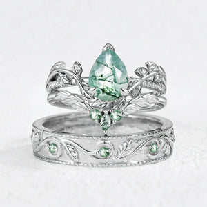 Juniper’s Copse | Pear Cut Moss Agate Cluster Couple Ring Set.