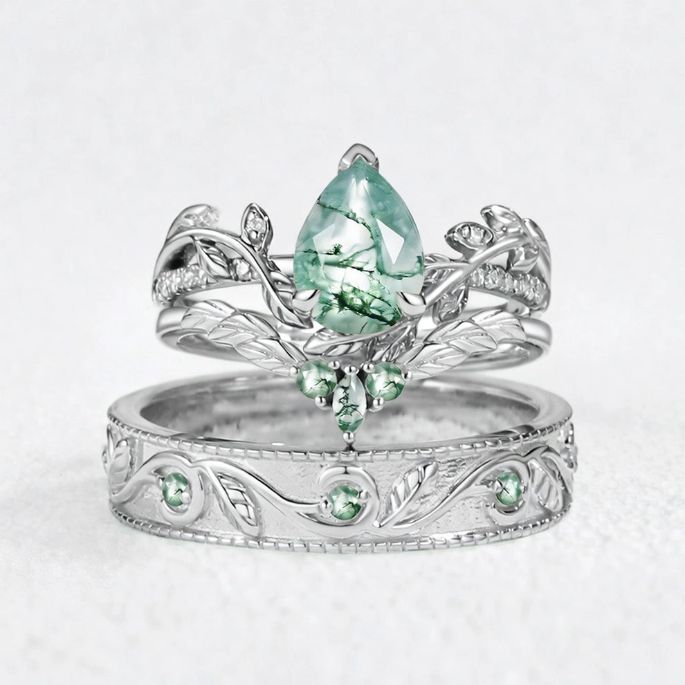 Juniper’s Copse | Pear Cut Moss Agate Cluster Couple Ring Set.