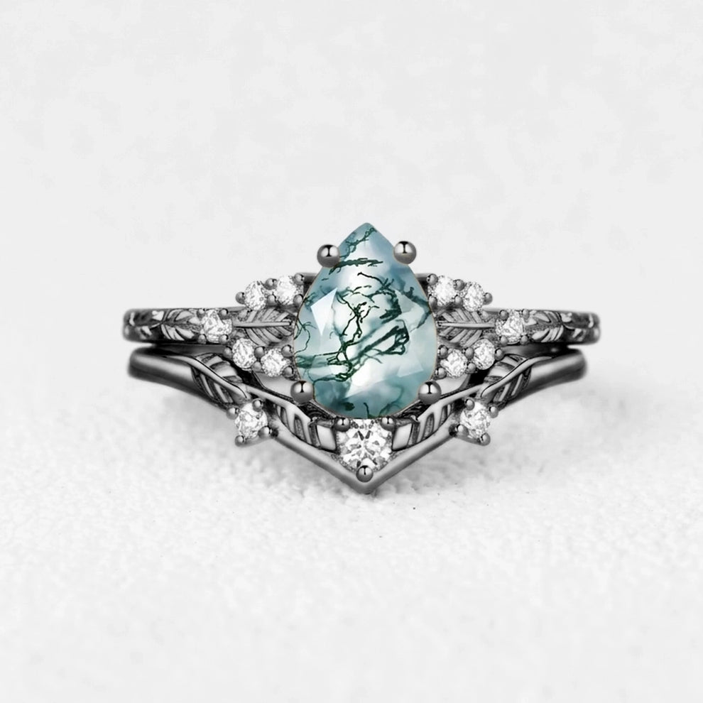 Hortense  Leaf Nature Inspired Pear Cut Moss Agate Engagement Ring Set 2pcs.