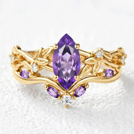 Violet’s Twig | Vintage Marquise Amethyst & Diamond Bridal Set 2pcs.