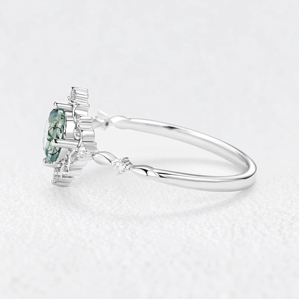 Rosalind’s Verdant | Vintage Round Moss Agate Cluster Engagement Ring