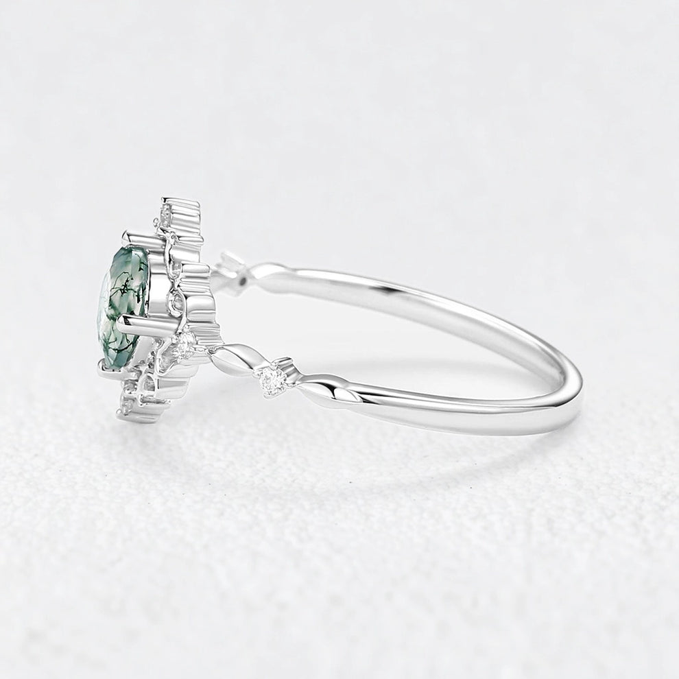 Rosalind’s Verdant | Vintage Round Moss Agate Cluster Engagement Ring
