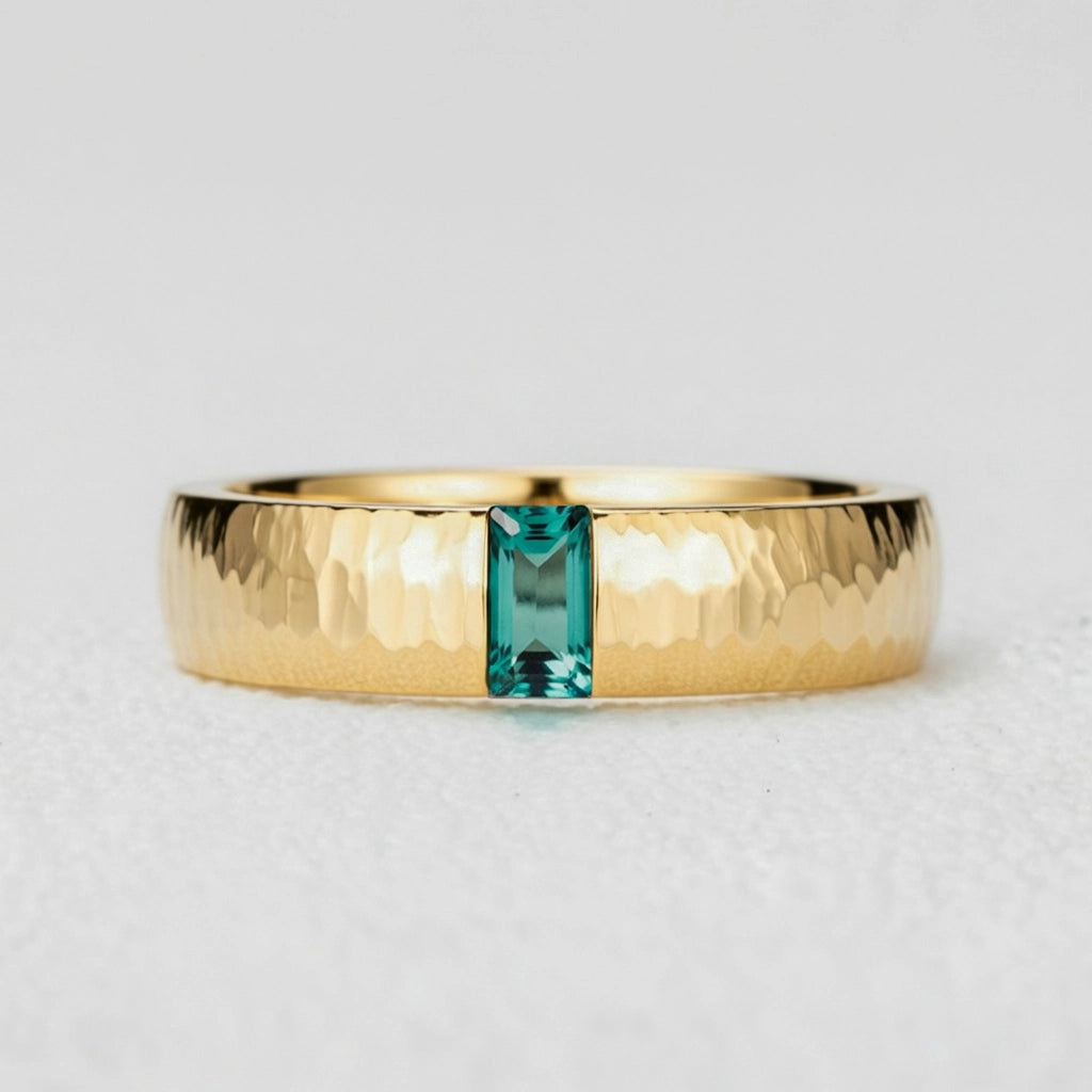 The Retro Keystone | 5MM Hammered Emerald Men's Wedding Band.