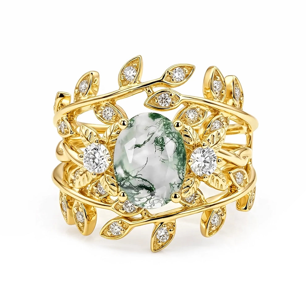 Léonie Oval Cut Moss Agate Leafy Gold Couple Ring Set.