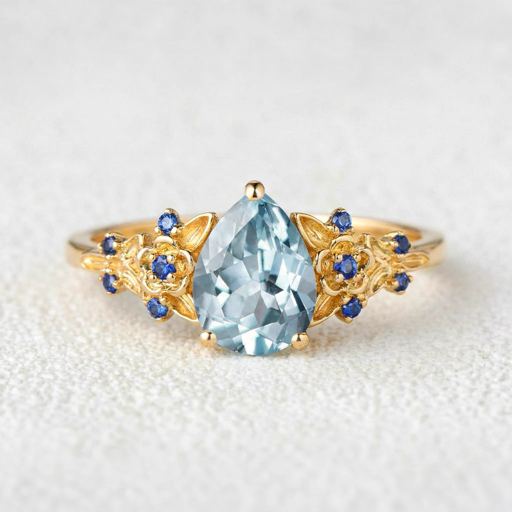 Isolde’s Tide | Vintage Pear Aquamarine & Sapphire Floral Bridal Set 2pcs.