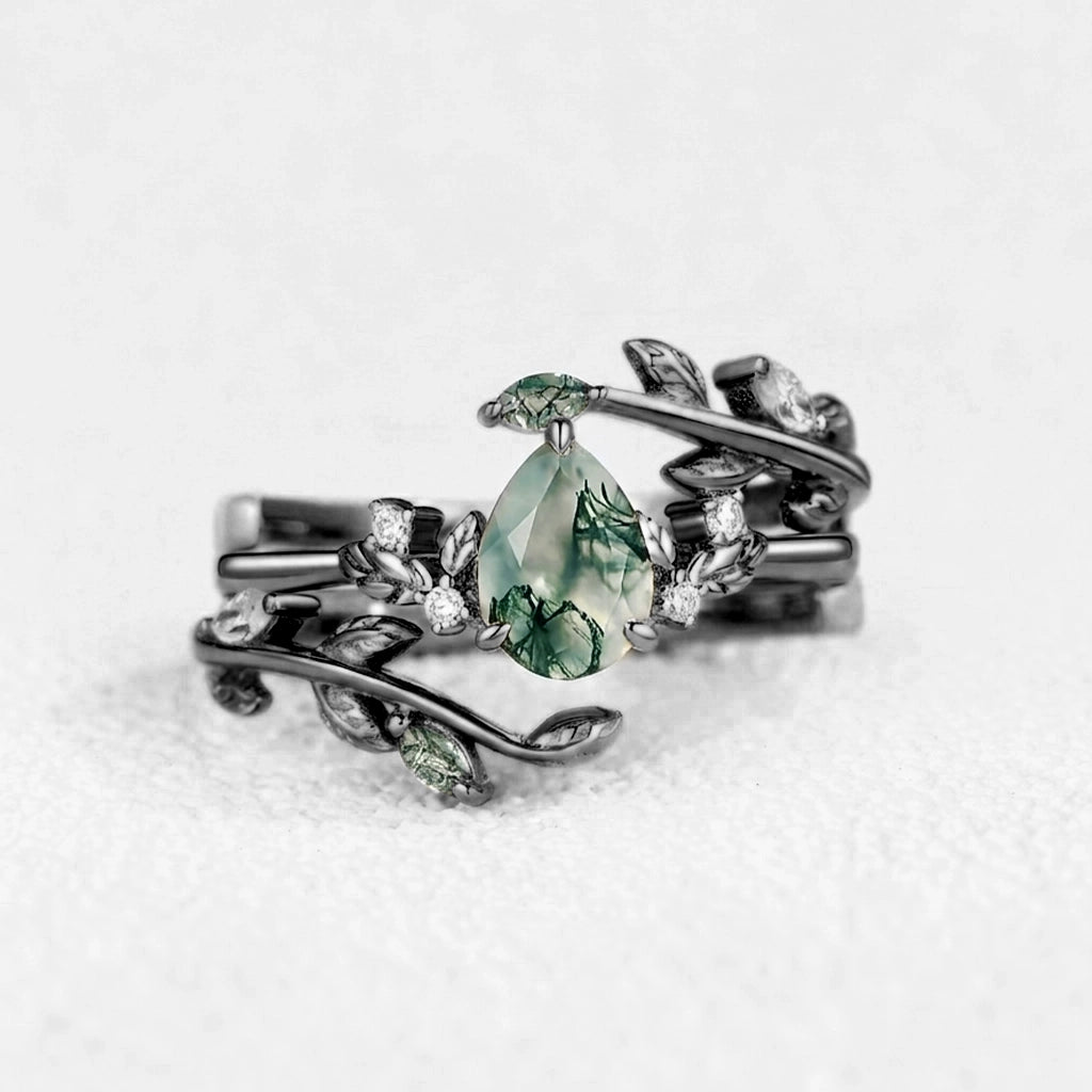 Dawn Pear Cut Moss Agate Leafy Engagement Ring Set 2pcs.