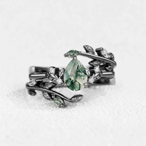 Dawn Pear Cut Moss Agate Leafy Engagement Ring Set 2pcs.