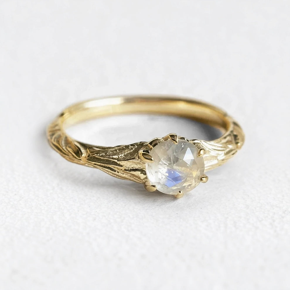 Athena‘s Olive | Round Moonstone Solitaire Engagement Ring