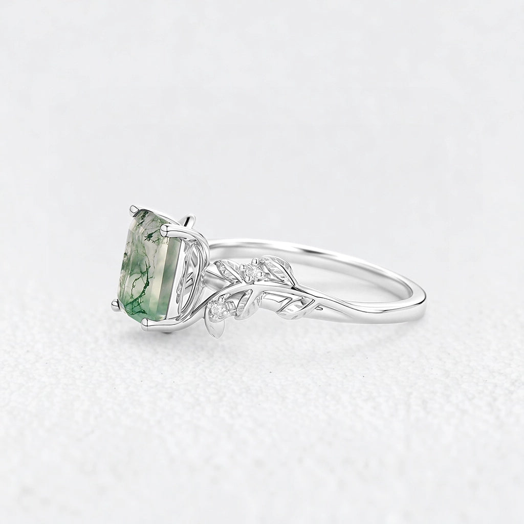 Celandine’s Lattice | Emerald Cut Moss Agate Leafy Engagement Ring.