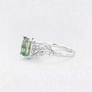 Celandine’s Lattice | Emerald Cut Moss Agate Leafy Engagement Ring