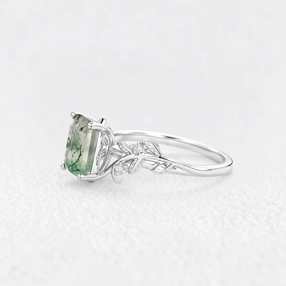 Celandine’s Lattice | Emerald Cut Moss Agate Leafy Engagement Ring.