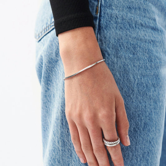 White Gold Plated Silver Square Snake Chain Bracelet.