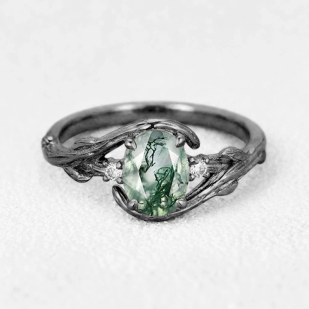 Oval Cut Moss Agate Branches Vintage Engagement Ring.