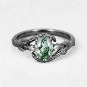 Oval Cut Moss Agate Branches Vintage Engagement Ring.