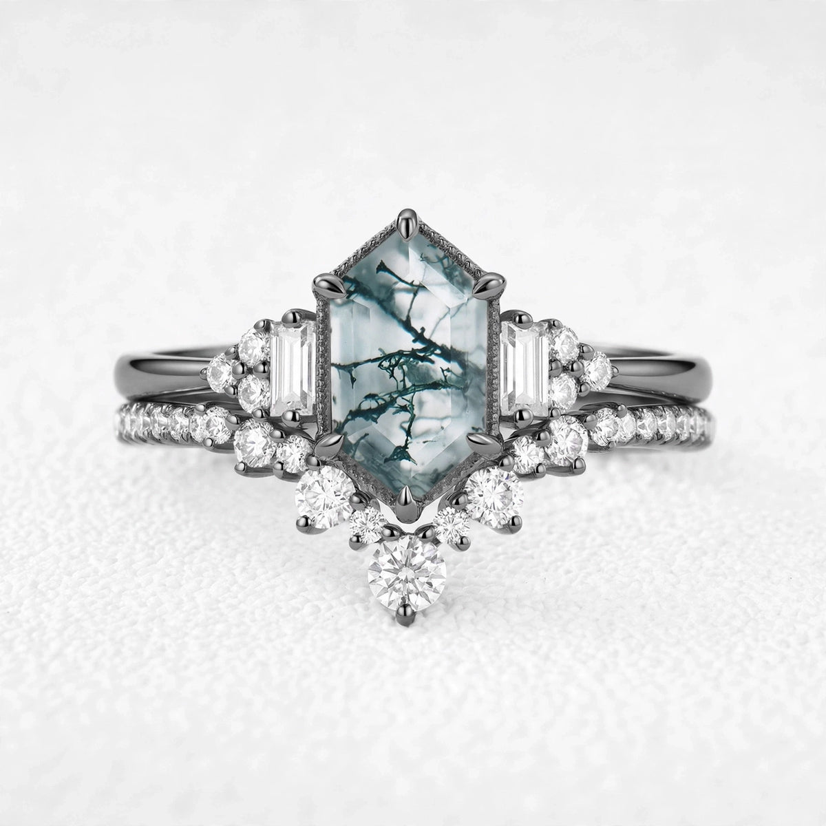 Ariadne’s Labyrinth | Elongated Hexagon-Cut Moss Agate Milgrain Chevron Bridal Set 2pcs