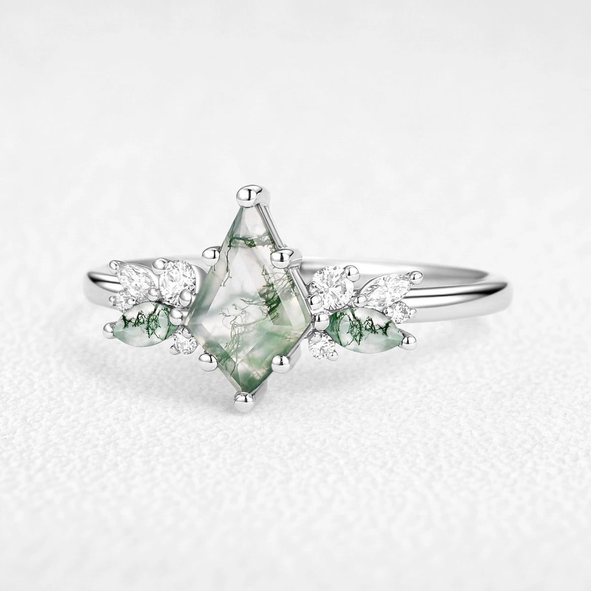 Lavinia’s Sprig | Classic Kite Cut Moss Agate Engagement Ring