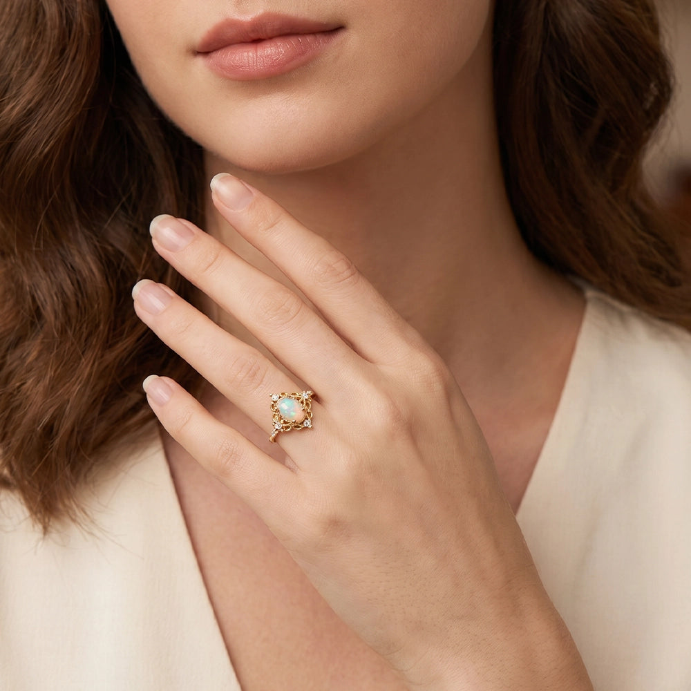 Aurora’s Sheen |  Classic Oval Opal Antique Engagement Ring.